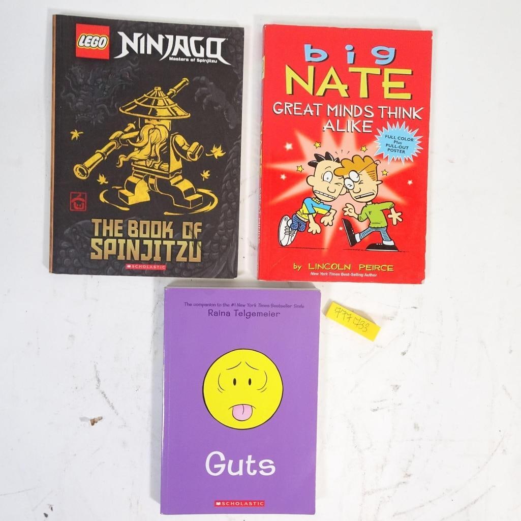Children's Book Lot: This listing includes a 3-book children's/middle-grade lot: - LEGO Ninjago: The Book of Spinjitzu - official LEGO Ninjago book - Big Nate: Great Minds Think Alike by Lincoln Peirce - Guts by Raina Tel