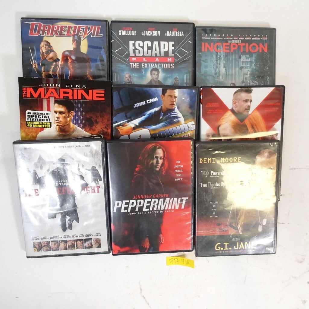 Action & Thriller DVD Movie: This listing features a 9-movie DVD lot, perfect for fans of action-packed and thriller films. Condition: pre-owned, with typical signs of use; cases and artwork in good condition. Sold as one complet