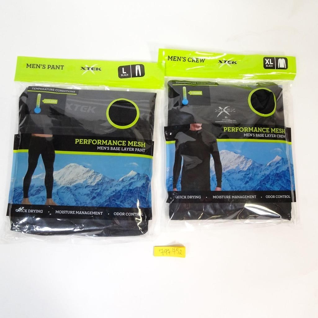 XTEK Men's Performance Mesh Base Layer Set: Men's cold-weather base layer set by XTEK, featuring performance mesh fabric for warmth, breathability, and moisture control. Includes a crew neck long-sleeve top (Size XL) and base layer pants (Size