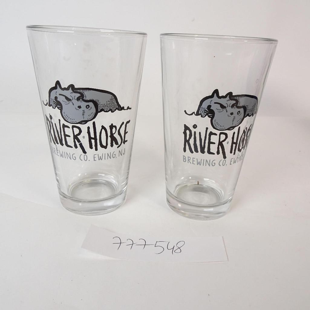 River Horse Brewing Pint Glasses (Set of 2): Set of two clear pint glasses featuring the original logo from River Horse Brewing Company, Ewing, New Jersey. Classic brewery barware-perfect for beer lovers, home bars, or brewery memorabilia collec