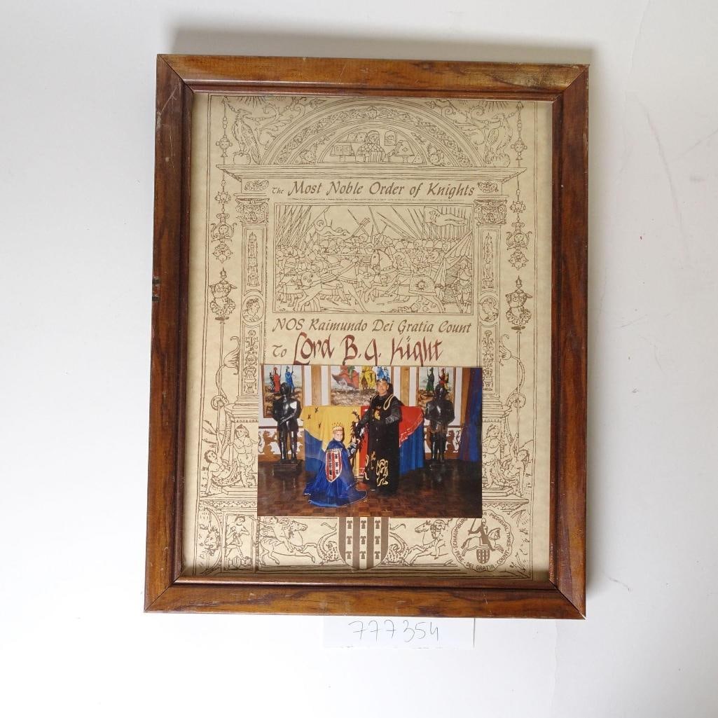 Framed "Most Noble Order of Knights" Certificate: Decorative framed certificate titled "The Most Noble Order of Knights", featuring an elaborate medieval-style illustration and heraldic motifs. The document appears to be a commemorative or ceremonial