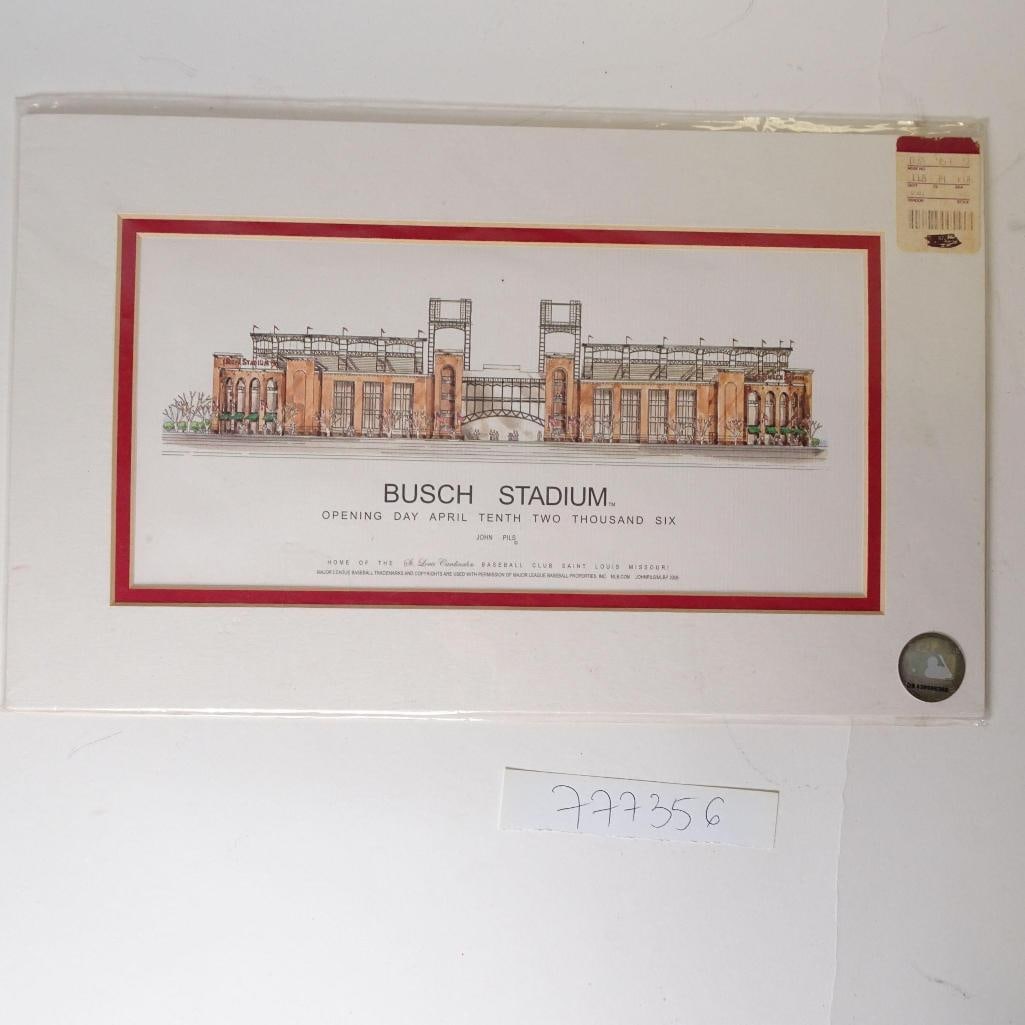 Busch Stadium Opening Day 2006: Collectible architectural art print depicting Busch Stadium on Opening Day, April 10, 2006. Artwork by John Pils, known for detailed architectural and landmark illustrations. This is a matted print ed