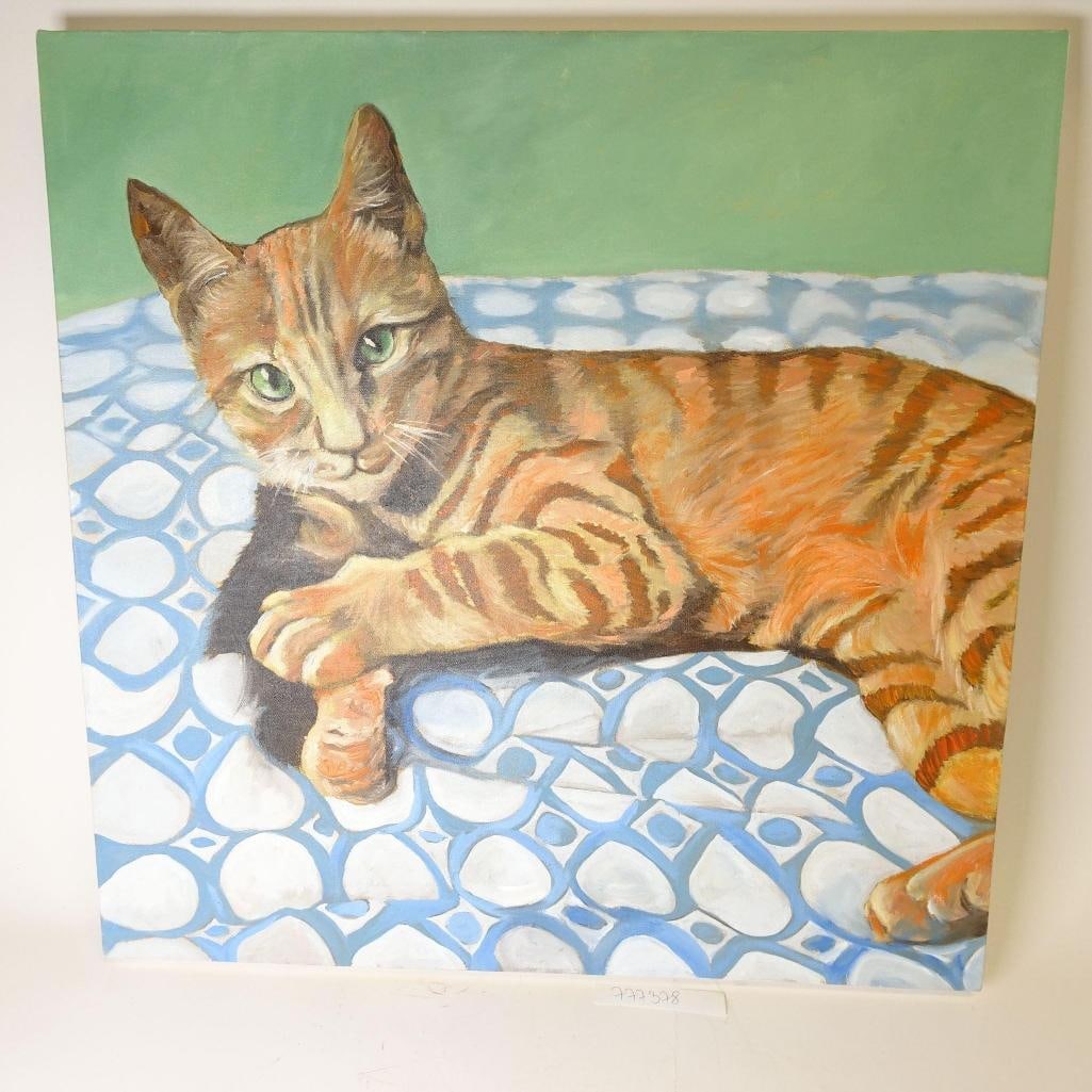 Original Acrylic Painting: This is an original, hand-painted acrylic artwork depicting a relaxed ginger tabby cat with expressive green eyes, resting on a blue patterned blanket. The composition has a calm, intimate atmosphere,