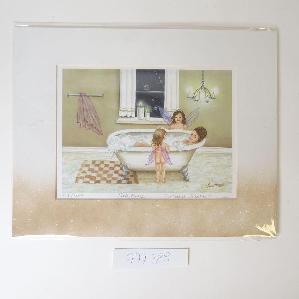 Mishell Swartwout - "Bath Bums": Charming limited edition art print by Mishell Swartwout, titled "Bath Bums." The artwork features a whimsical fairy scene in a bathtub, rendered in soft, warm tones. This piece is hand-numbered 241/12