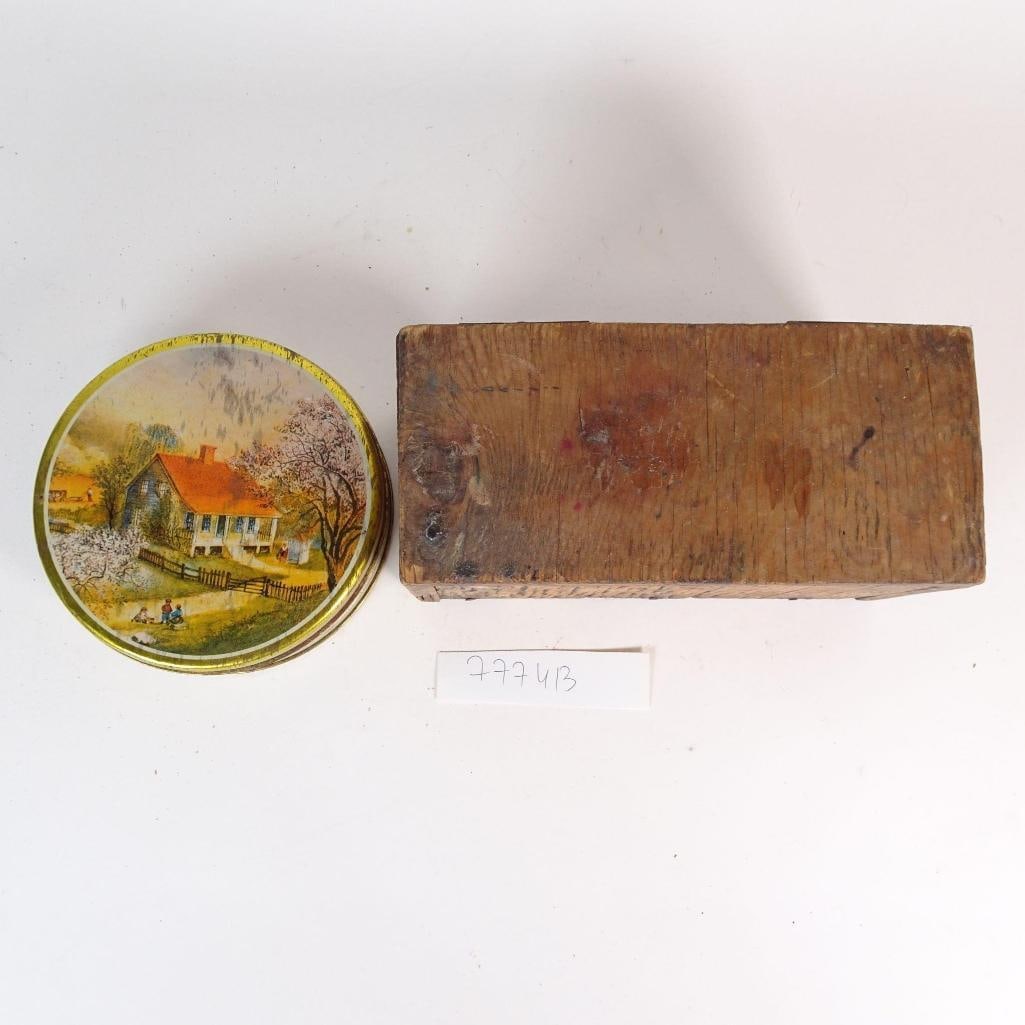 Vintage Wooden Box Chest + Decorative Metal Tin: Vintage lot consisting of two items: - Wooden box / chest with original aged patina, sturdy construction, metal hinges. Visible wear consistent with age and use, adding authentic character. - Round de