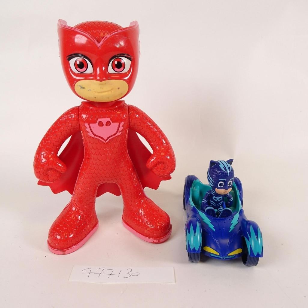 PJ Masks Toy Lot: Lot of PJ Masks toys featuring Owlette large figure and Catboy figure with blue vehicle.Both items are pre-owned and show visible signs of playwear, including surface scratches, scuffs, and minor pain