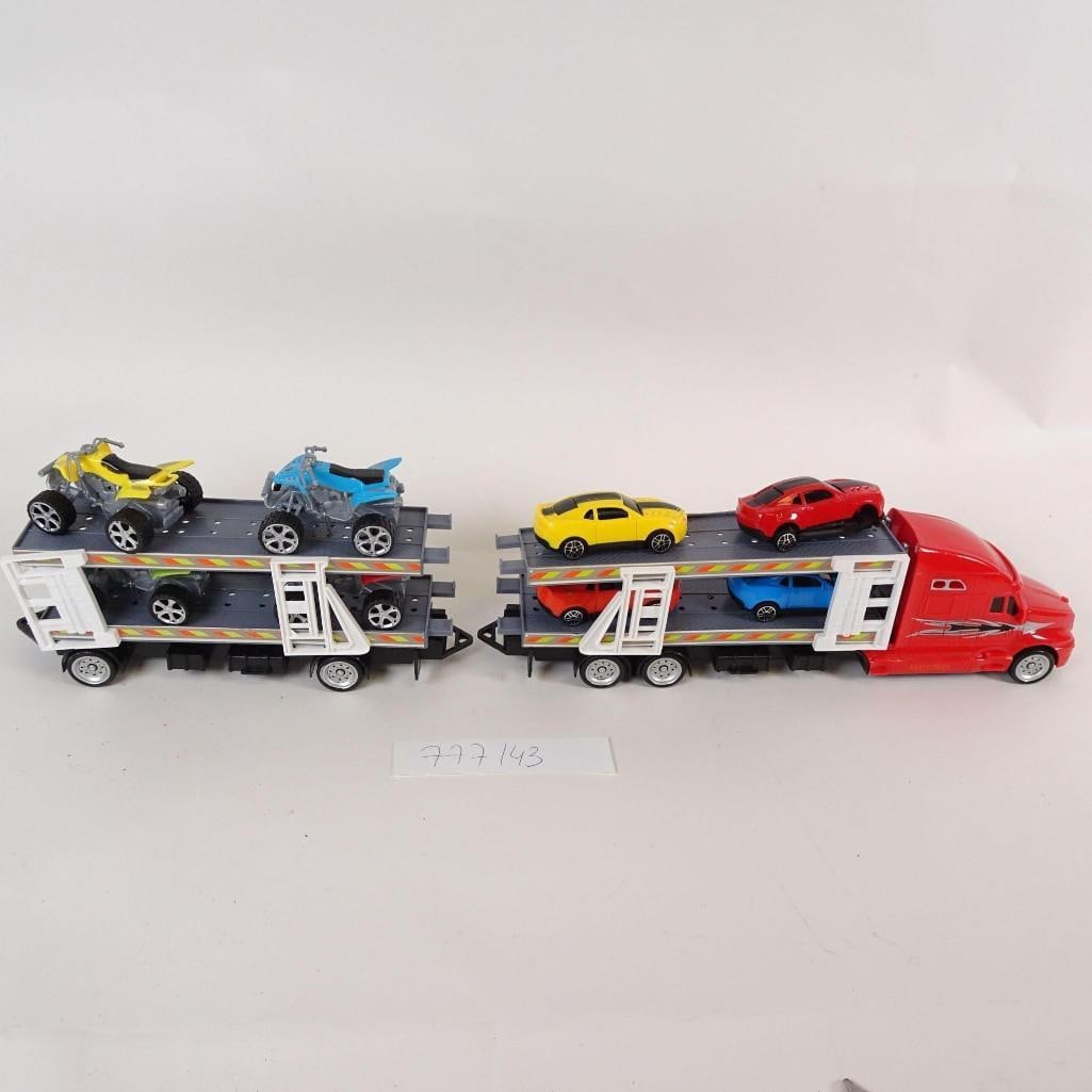 Toy Car Transporter Truck with Mini Cars & ATVs: Toy vehicle set including a large car carrier truck and multiple vehicles (cars and ATVs). Details: -car transporter / carrier truck -includes cars and ATVs (colors as shown in photos) -movable loadin