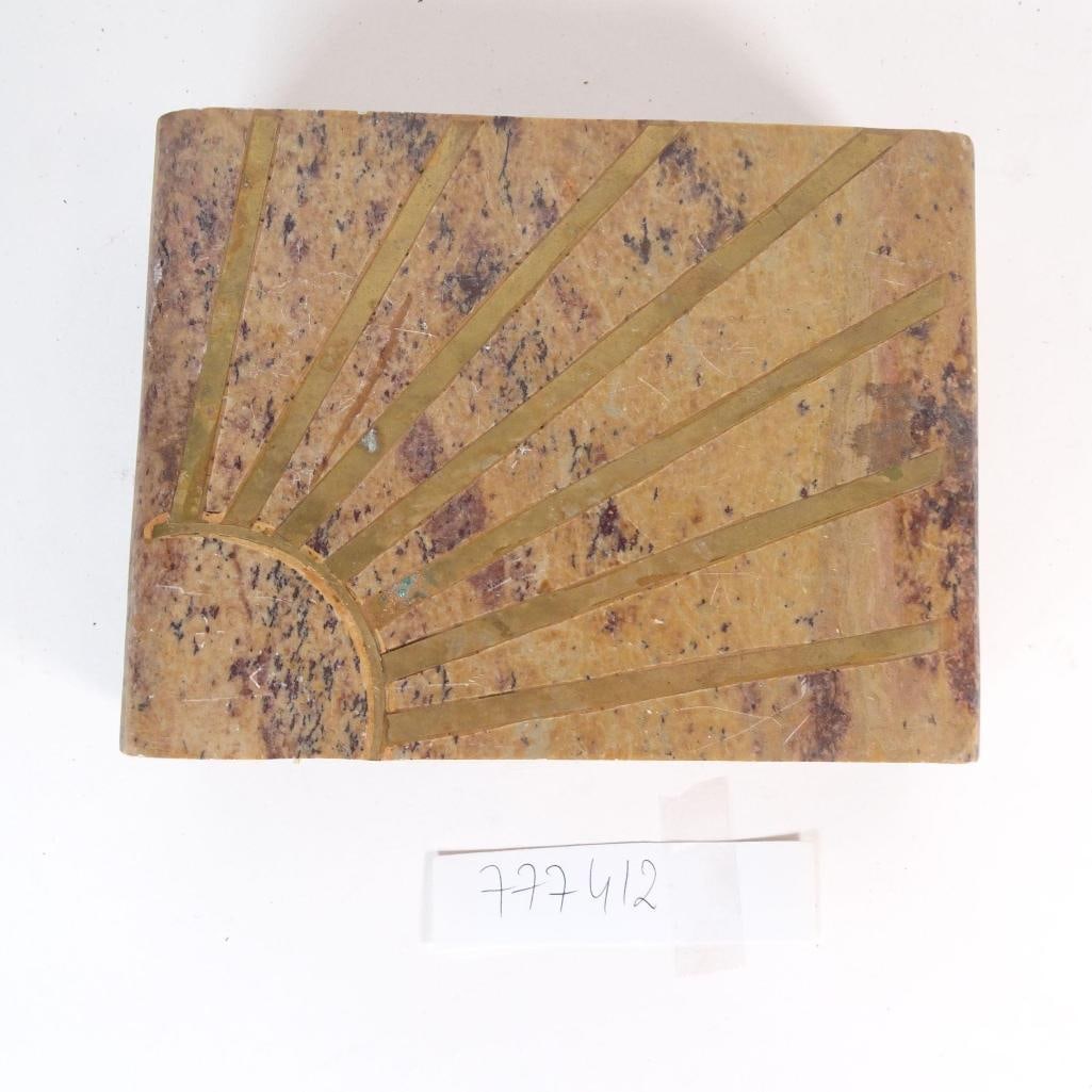 Art Deco Marble Box w/ Brass Inlay: Elegant Art Deco stone box featuring a striking brass sunburst inlay design. Crafted from natural stone (onyx / marble / alabaster - exact type unmarked) with beautiful veining and warm tones. The box