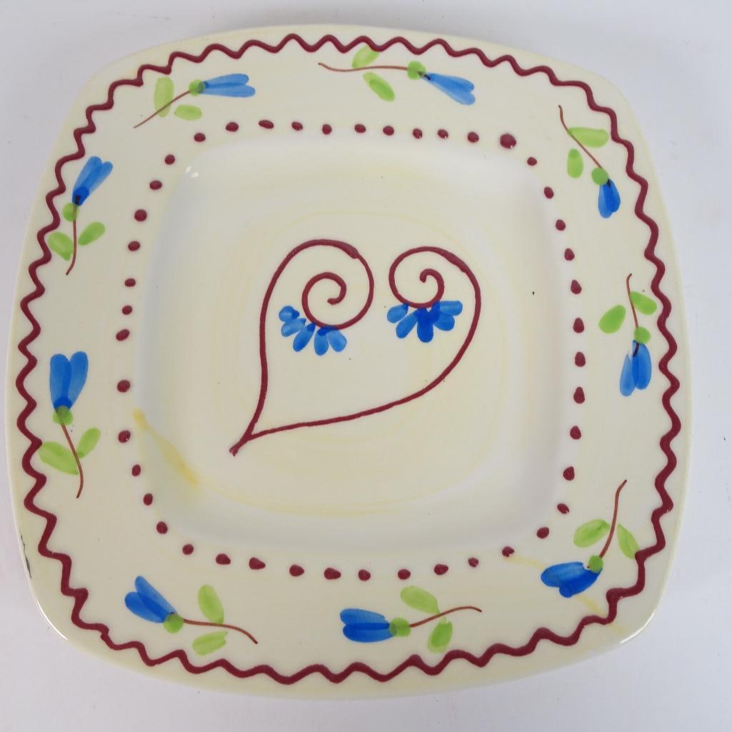 Ceramiche Toscane Hand Painted Italian Square Bowl Plate: Beautiful hand painted Italian ceramic square bowl/plate by Ceramiche Toscane. Features a charming floral border with a red heart motif in the center, perfect for farmhouse, Tuscan, or rustic kitchen