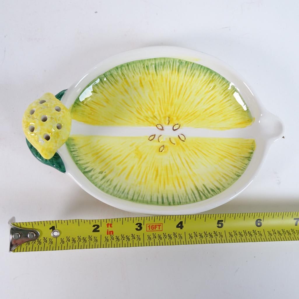 Vintage Italian Ceramic Lemon Serving Dish with Toothpick Holder: Charming vintage Italian ceramic serving dish featuring a hand-painted lemon slice design. Includes a built-in lemon-shaped toothpick holder, making it perfect for appetizers, olives, relishes, or dec