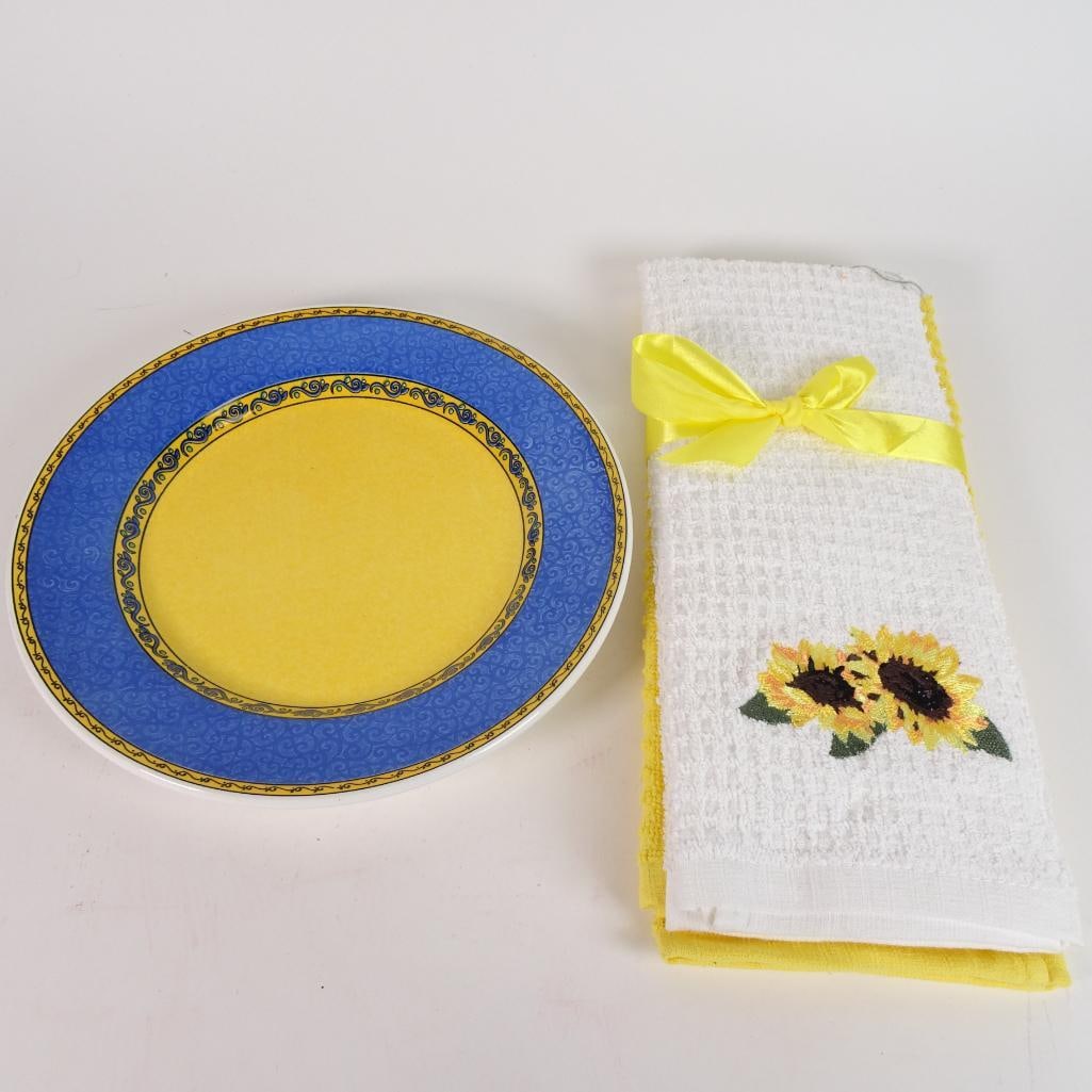 Furio Home Italy Dinner Plate + Sunflower Kitchen Towels Set: Charming kitchen décor bundle featuring a Furio Home Italian dinner plate paired with sunflower embroidered kitchen towels. A bright Mediterranean-inspired color combination in blue and yellow, perfe