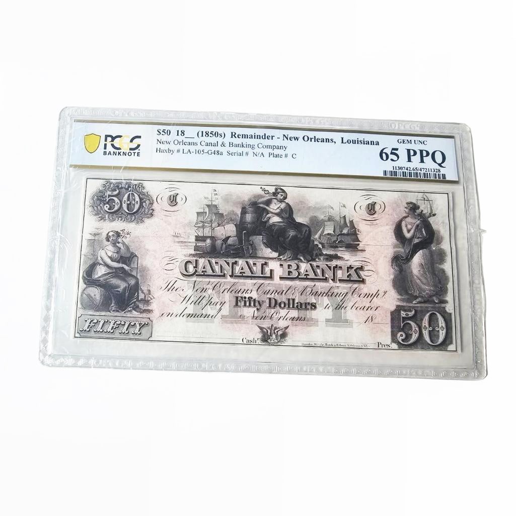 $50 Canal Bank New Orleans Louisiana Obsolete Note – PCGS 65PPQ Gem UNC – Remainder: Remainder PCGS 65 PPQ Gem UNC. Beautiful $50 remainder note from the Canal Bank of New Orleans, dated to the 1850s. This obsolete U.S. currency is graded PCGS 65 PPQ Gem Uncirculated and features elab