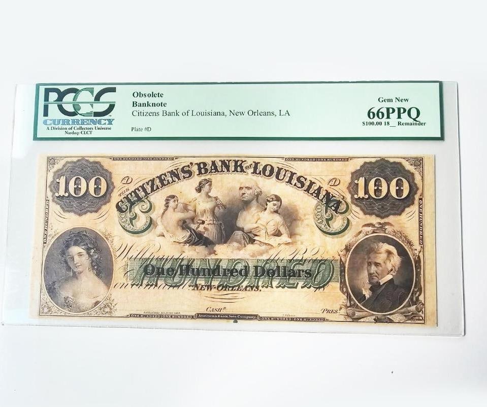 Citizens Bank of Louisiana $100 Obsolete Banknote – PCGS 66PPQ Gem New – New Orleans (1 of 2)