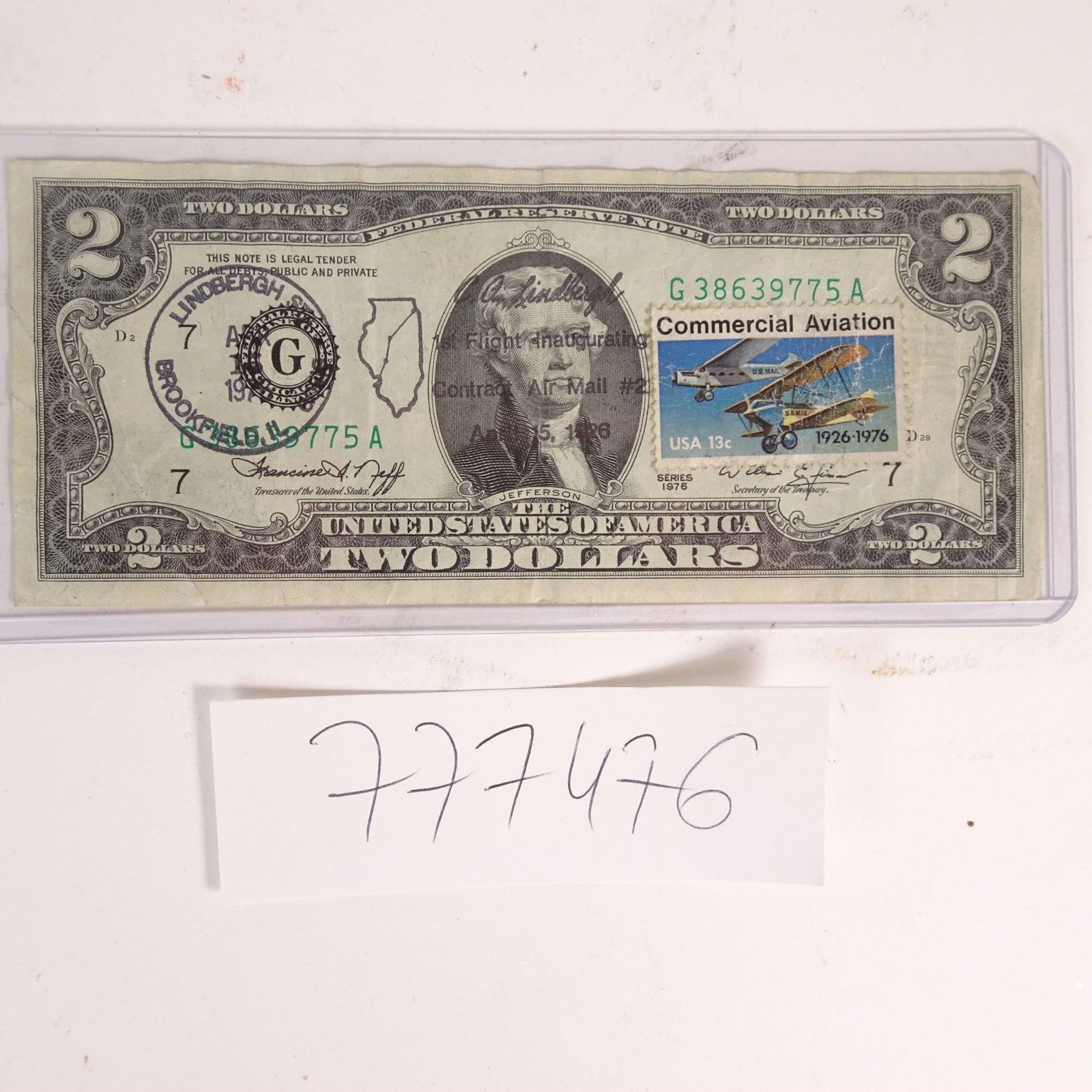 Authentic U.S. $2 Dollar Bill - 1976: Original United States $2 Federal Reserve Note, Series 1976 (Bicentennial issue), featuring Thomas Jefferson on the front and the historic Declaration of Independence scene on the reverse. The note in