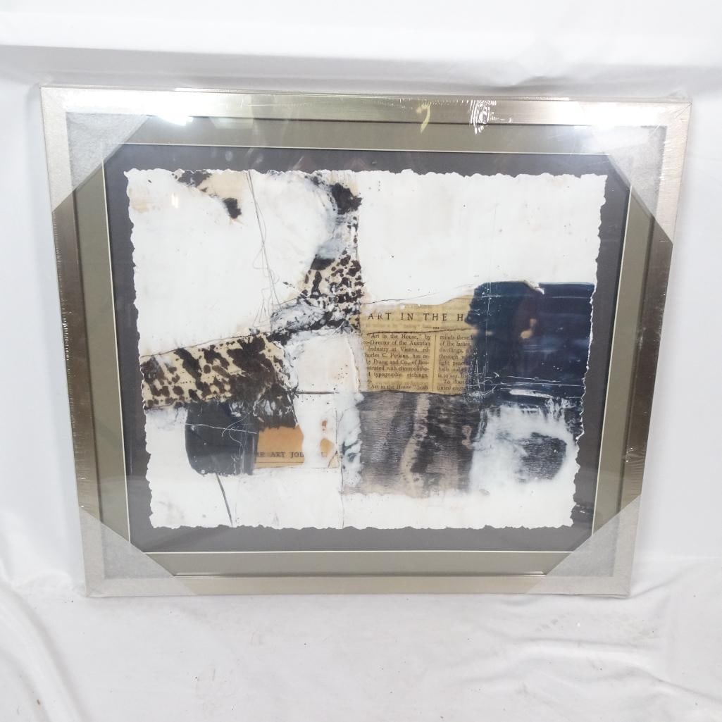 Modern Collage Abstract Wall Art: Framed mixed media abstract artwork by Made on Earth. Item number: 3982 Approximate size: 30? x 27? Features: ? Collage-style composition ? Neutral black, white and sepia tones ? Textured paper