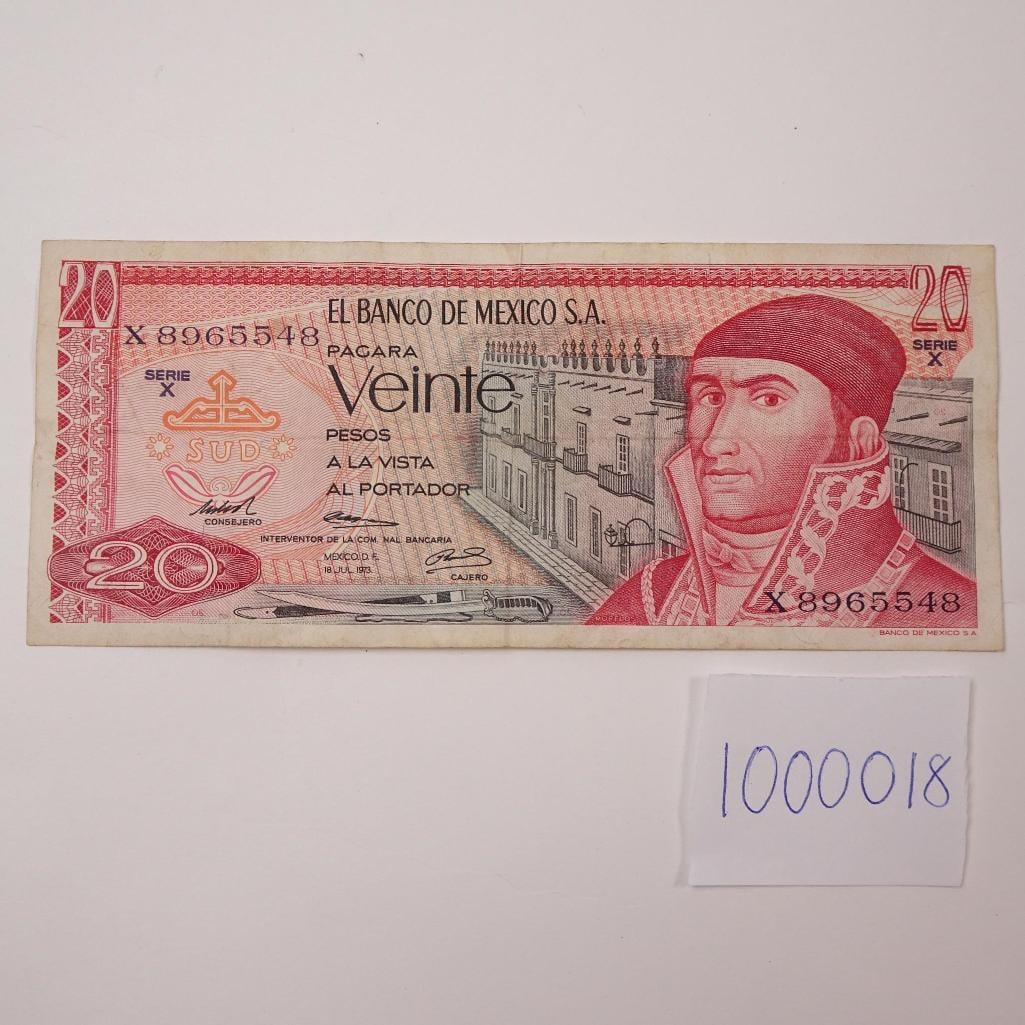 Mexico 20 Pesos Banknote - 1973 Series X:: Vintage Mexican currency featuring the 20 Pesos denomination from Series X, dated 1973. A collectible piece for historical and numismatic interest. Condition varies; please refer to photos for