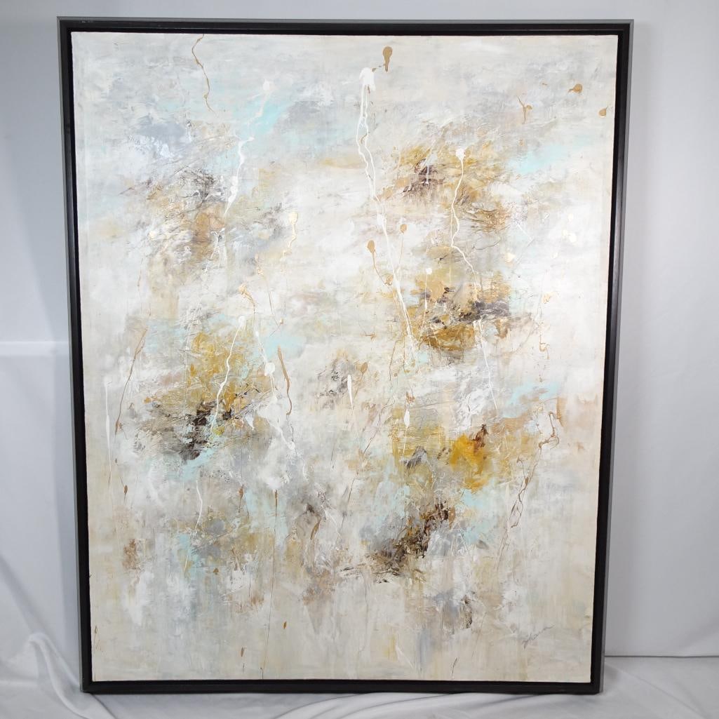 Neutral Gold White Blue Textured Canvas: Beautiful large-scale signed abstract painting featuring layered neutral tones with soft blue accents, warm gold highlights and expressive textured brushwork. The modern composition creates an elegant