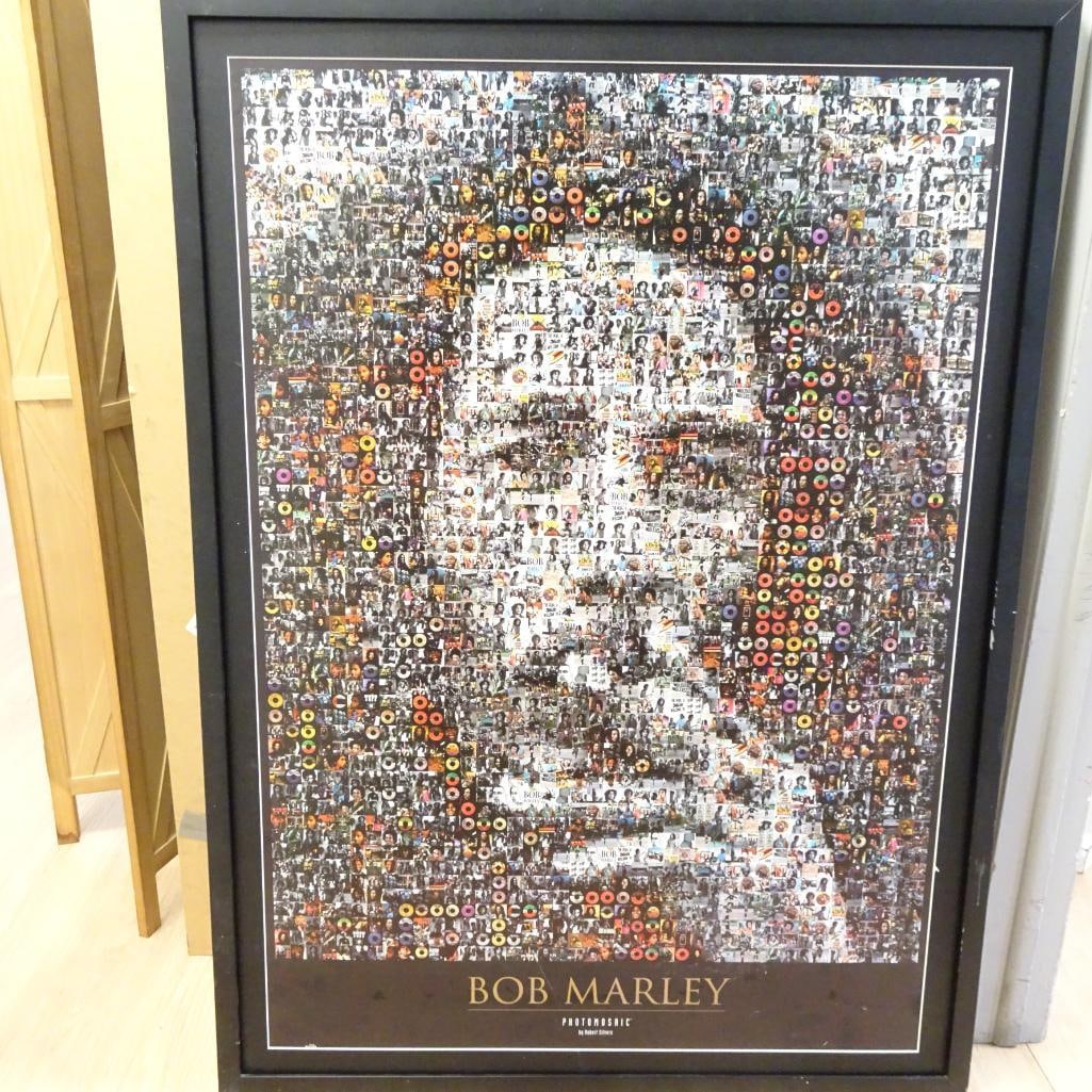 Large Framed Bob Marley Photomosaic Poster by Robert Silvers: Large framed Bob Marley Photomosaic poster created from hundreds of miniature images forming an iconic portrait of the reggae legend. Photomosaic artwork by Robert Silvers Black fr