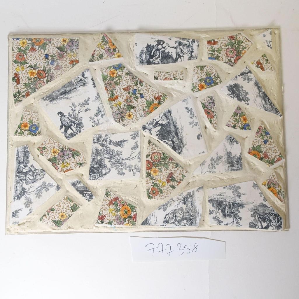 Handmade Decorative Mosaic Tray: A unique handmade decorative tray or wall panel created using a mosaic technique. The surface features irregular ceramic tile fragments in warm beige and cream tones, combined with vintage floral patt