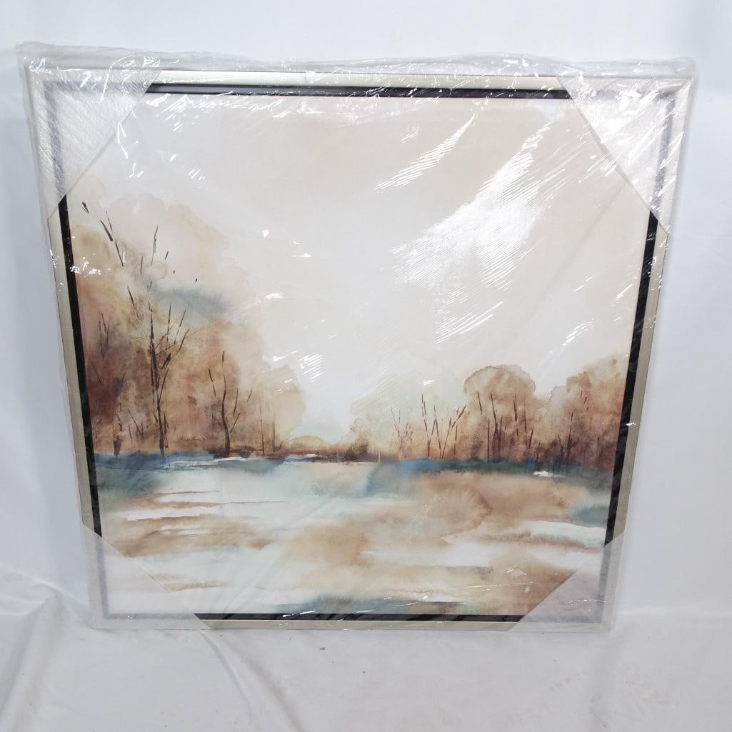 Large Framed Wall Art Winter Stillness: Beautiful framed landscape art print titled ?Winter Stillness? by Made on Earth. This serene watercolor-style scene features soft earth tones with muted blues and warm browns, depicting a quiet