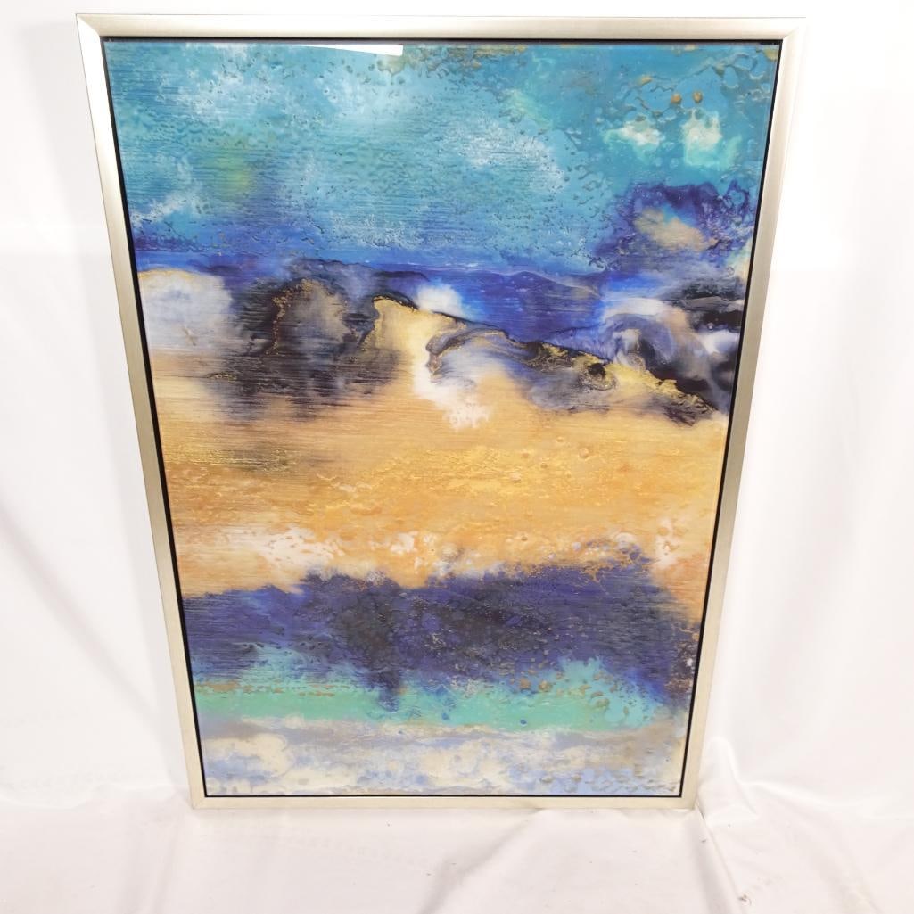 Large Abstract Coastal Wall Art: Stunning large abstract wall art featuring rich blue, turquoise, cream and metallic gold tones. This piece has a dimensional, textured surface that creates depth and movement, reminiscent of ocean