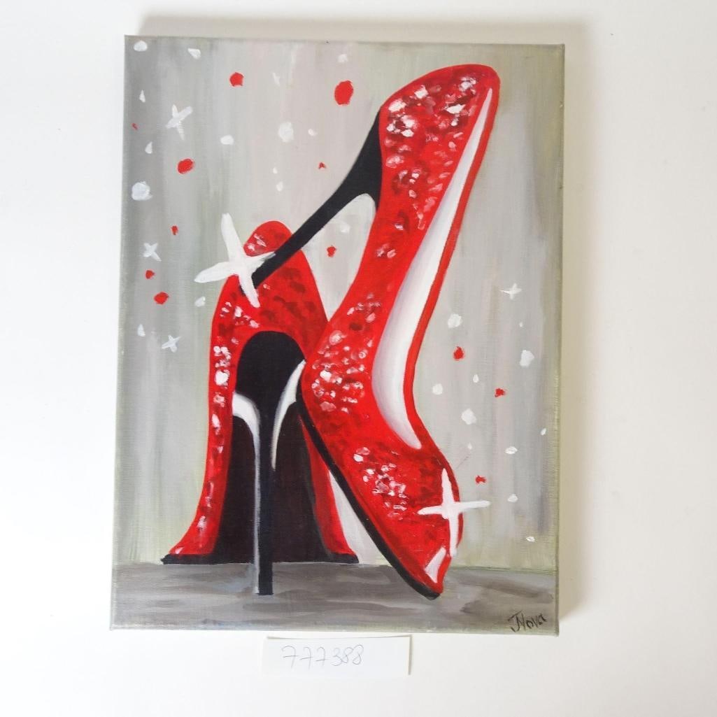Canvas Painting - Red High Heels: Striking canvas painting featuring red high-heel shoes in a bold, modern fashion art style. The vivid red tones contrast beautifully with the soft grey background, creating an elegant and eye-catching