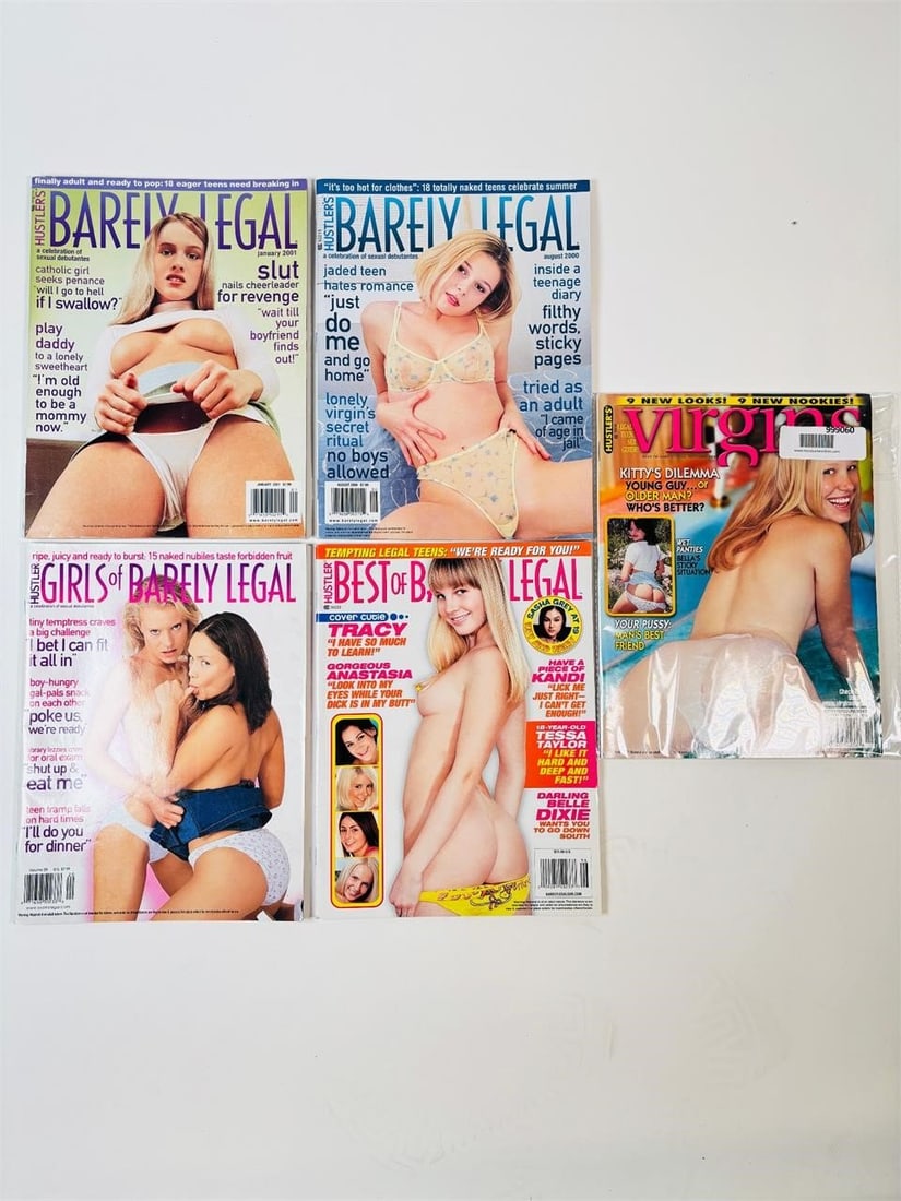 Hustler's Virgins + Barely Legal Magazines: set of five (5) vintage issues of Hustler's Virgins Magazine. Produced as a specialized sideline to the iconic Hustler brand, this publication is known for its focus on "newcomer" models, natural aest