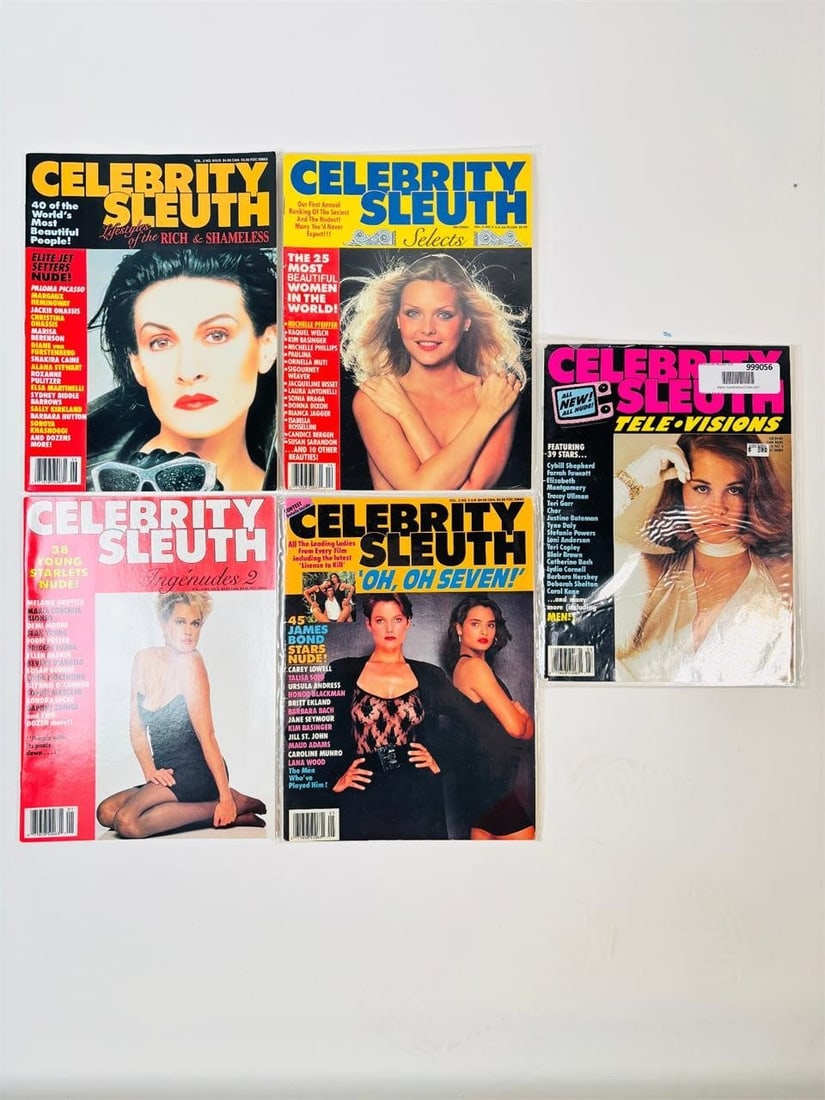 Vintage Celebrity Sleuth Magazines 80s-90s: set of five (5) vintage issues of Celebrity Sleuth Magazine. Known for its unique blend of "investigative" celebrity reporting and high-quality swimsuit and glamour photography, this publication is a 