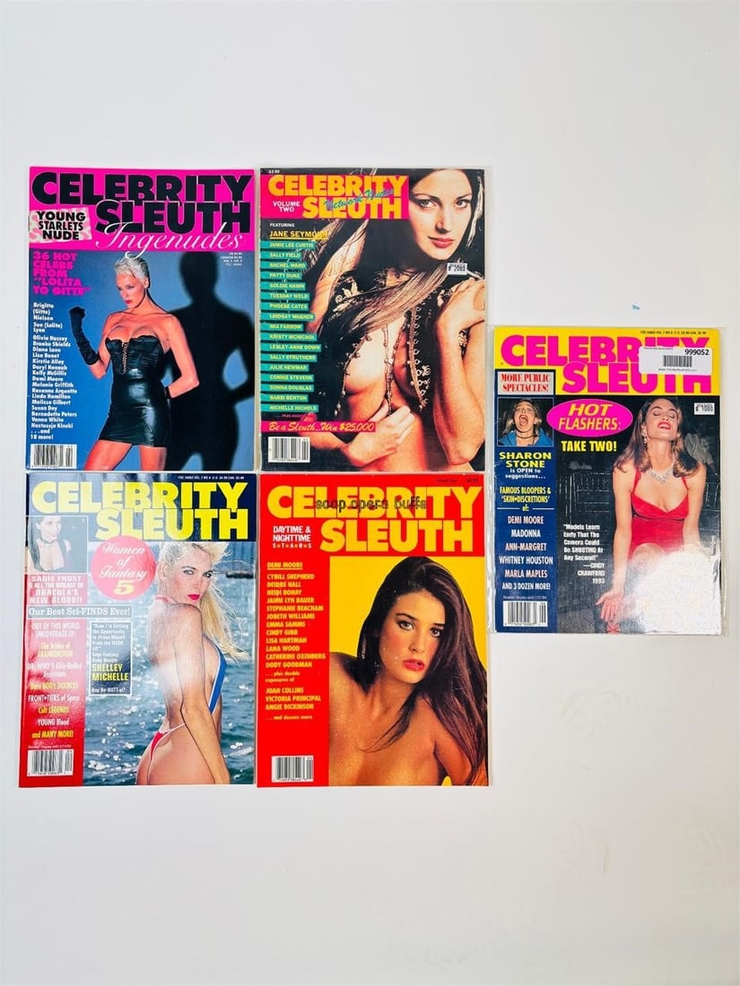Vintage Celebrity Sleuth Magazines 80s-90s: set of five (5) vintage issues of Celebrity Sleuth Magazine. Known for its unique blend of "investigative" celebrity reporting and high-quality swimsuit and glamour photography, this publication is a 