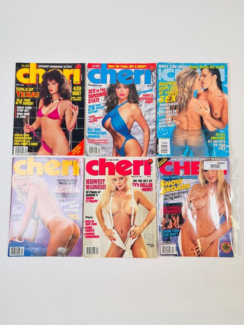 Vintage Cheri Adult Magazines 90s/2000s Issues: set of five (5) vintage issues of Cheri Magazine. Known for its high-quality, high-gloss production and its signature blend of glamour and explicit adult photography, this publication is a staple of l