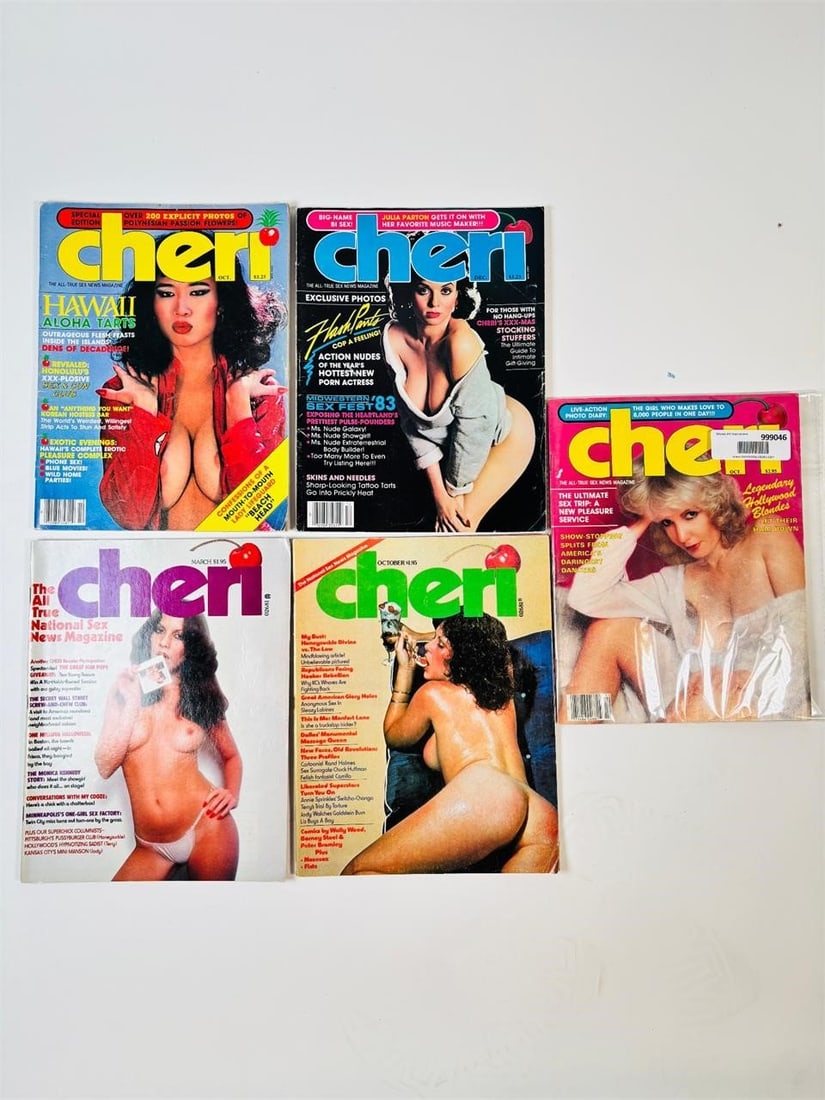 Rare Vintage Cheri 70s-80s Adult Photography: set of five (5) vintage issues of Cheri Magazine. Known for its high-quality, high-gloss production and its signature blend of glamour and explicit adult photography, this publication is a staple of l
