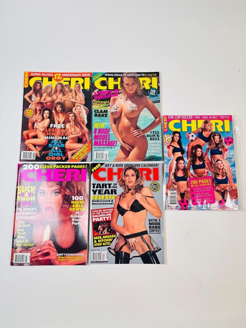 Cheri Magazines Adult Photography & Pictorials: set of five (5) vintage issues of Cheri Magazine. Known for its high-quality, high-gloss production and its signature blend of glamour and explicit adult photography, this publication is a staple of l