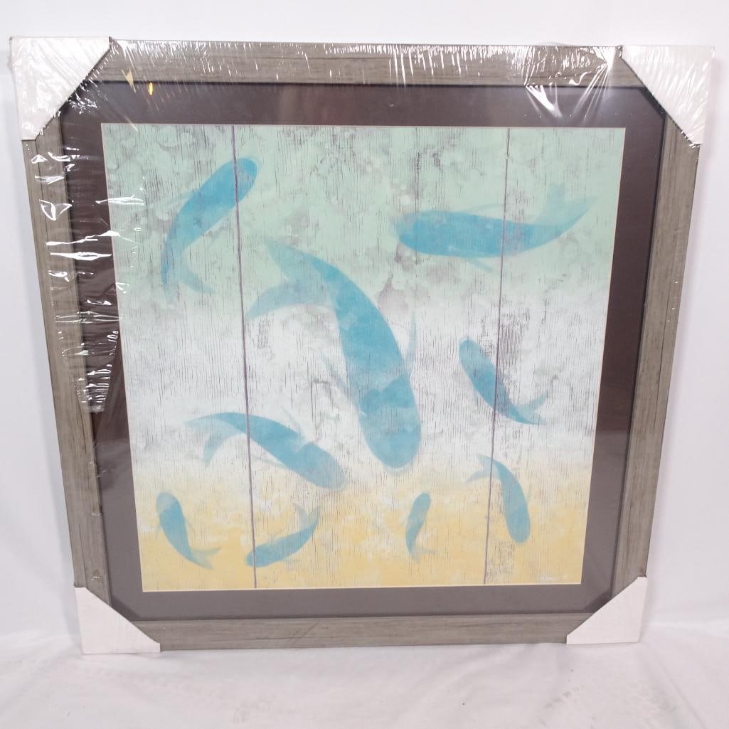 Blue Aqua Neutral Ocean Decor: Beautiful large framed wall art featuring soft blue koi fish swimming in a calm coastal-inspired composition. The distressed wood-style background and muted aqua tones create a serene spa-like aesthet