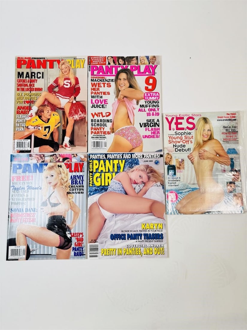 Vintage Panty Play Specialized Adult Photography: set of five (5) vintage issues of Panty Play Magazine. Known for its specialized focus on fetish-themed photography and high-quality adult glamour, this publication is a staple of 1990s and early 2000