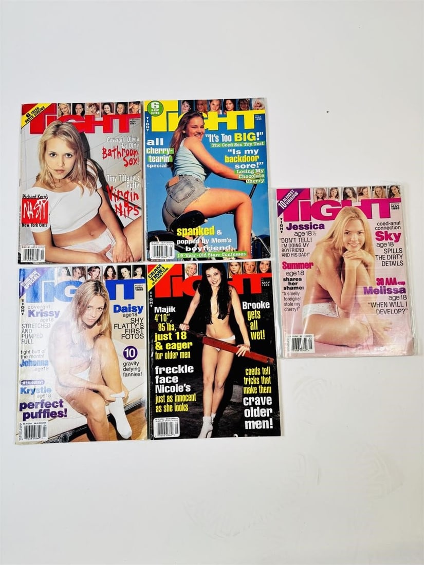 Vintage Tight Adult Magazines - Adult Media: set of five (5) vintage issues of Tight Magazine. Known for its explicit, high-energy pornographic photography and "street-style" aesthetic, this publication is a sought-after staple of 1990s and earl
