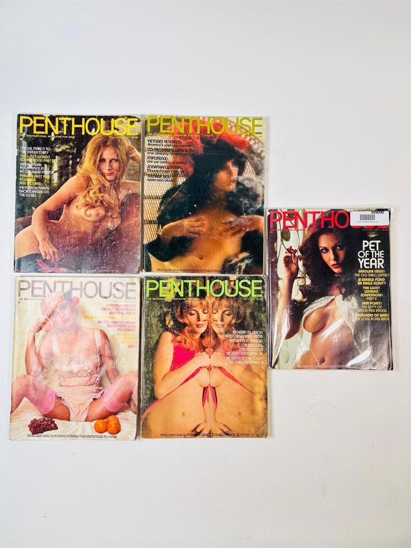 Lot of 5: Penthouse Magazines from 1974: set of five (5) vintage issues of Penthouse Magazine. Known for its sophisticated blend of provocative pictorials, high-end lifestyle features, and award-winning investigative journalism, this publica