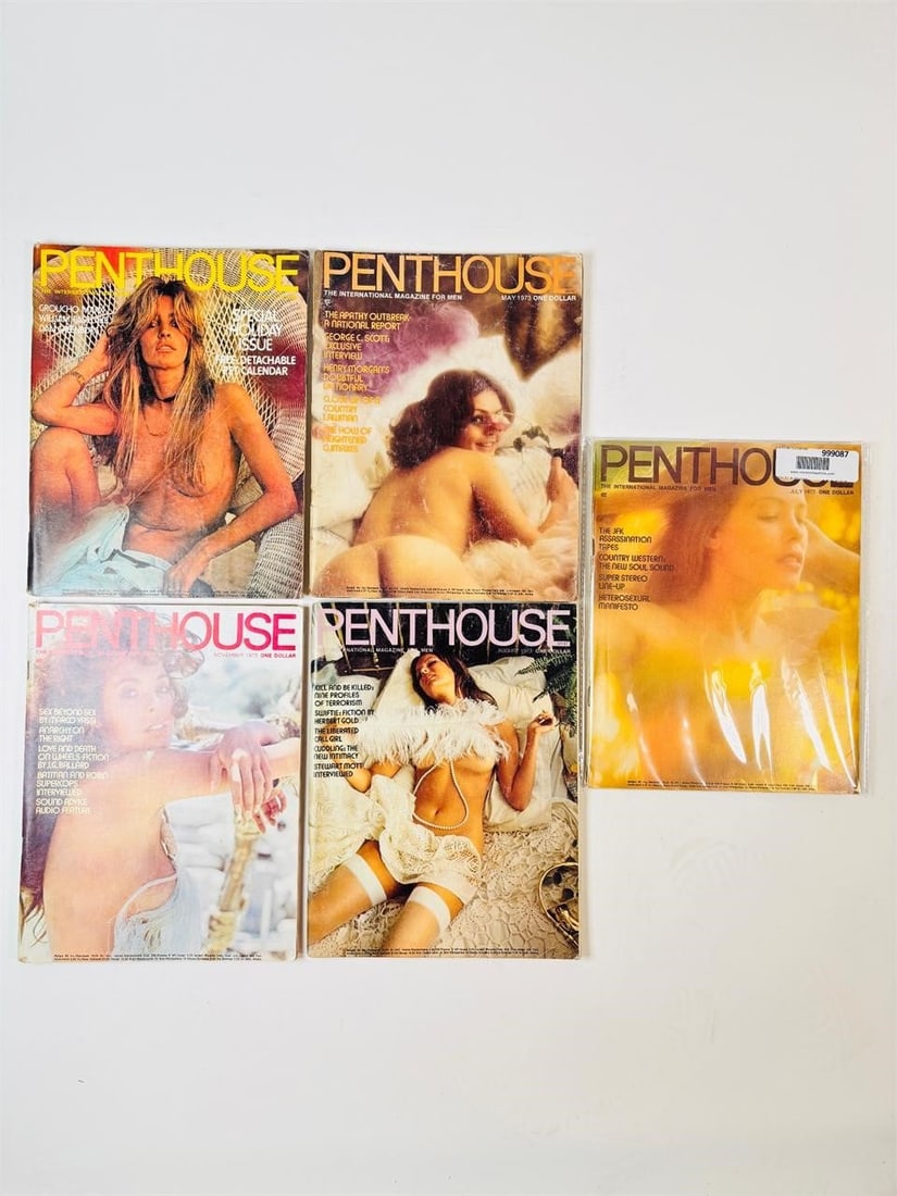 1973 Vintage Penthouse Magazine Lot: set of five (5) vintage issues of Penthouse Magazine. Known for its sophisticated blend of provocative pictorials, high-end lifestyle features, and award-winning investigative journalism, this publica