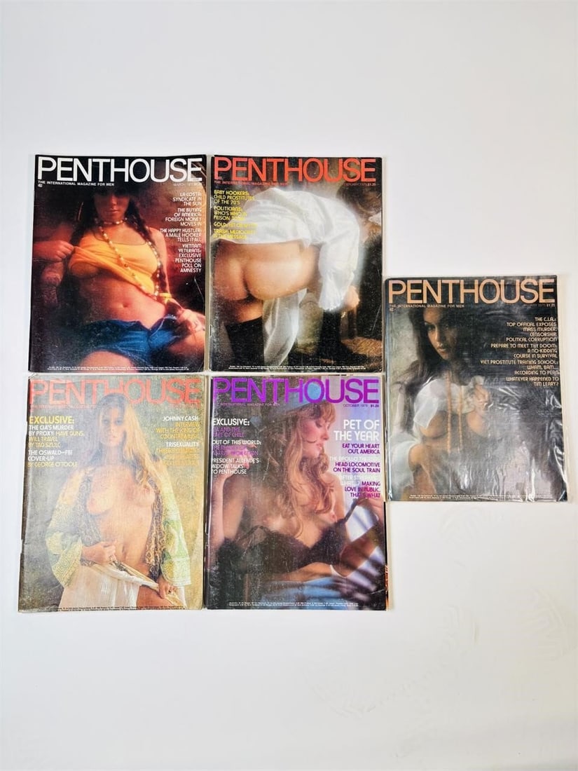 1975 Penthouse Magazines - Pet of the Year: set of five (5) vintage issues of Penthouse Magazine. Known for its sophisticated blend of provocative pictorials, high-end lifestyle features, and award-winning investigative journalism, this publica
