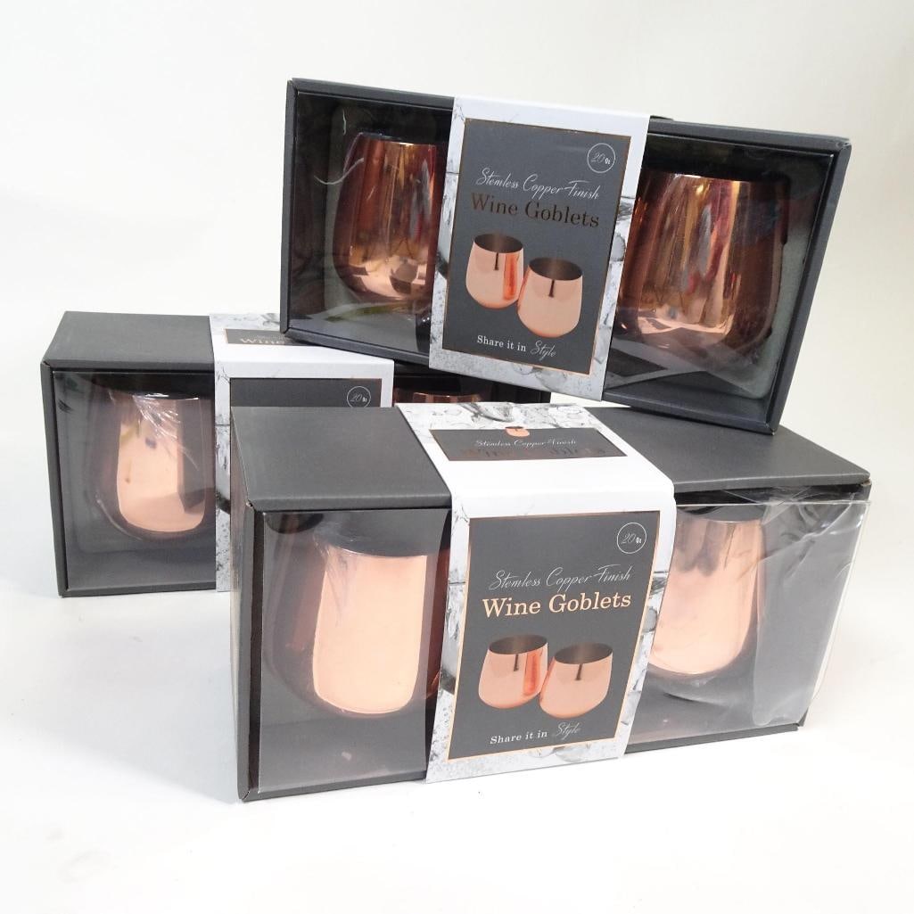 Stemless Copper Finish Wine Goblets: Elegant stemless wine goblets with a copper finish, perfect for wine, cocktails, or sangria. Stylish, modern design with a generous 20 oz capacity. Brand new in original box.