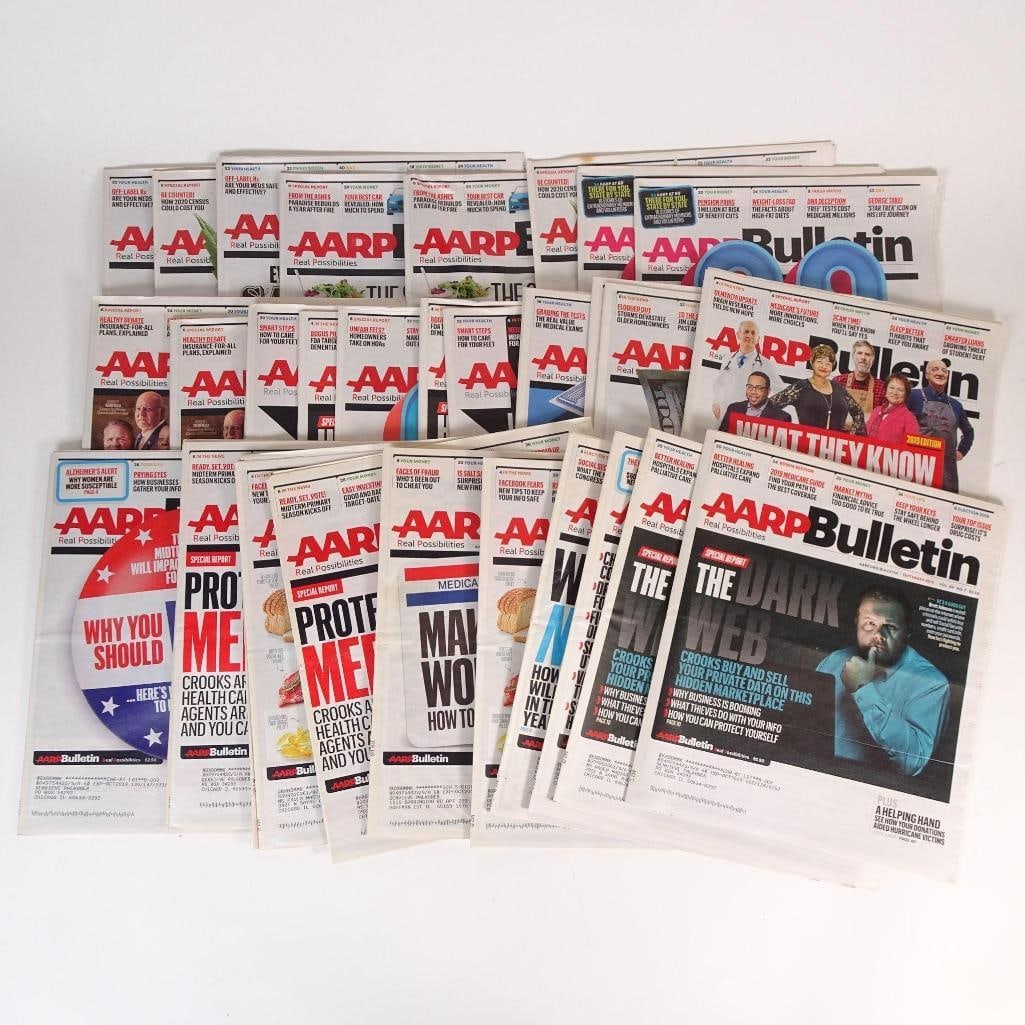 AARP Bulletin: This auction features a large collection of original AARP Bulletin newspaper issues, a well-known U.S. publication covering topics relevant to adult readers. All issues shown in the photos are sold