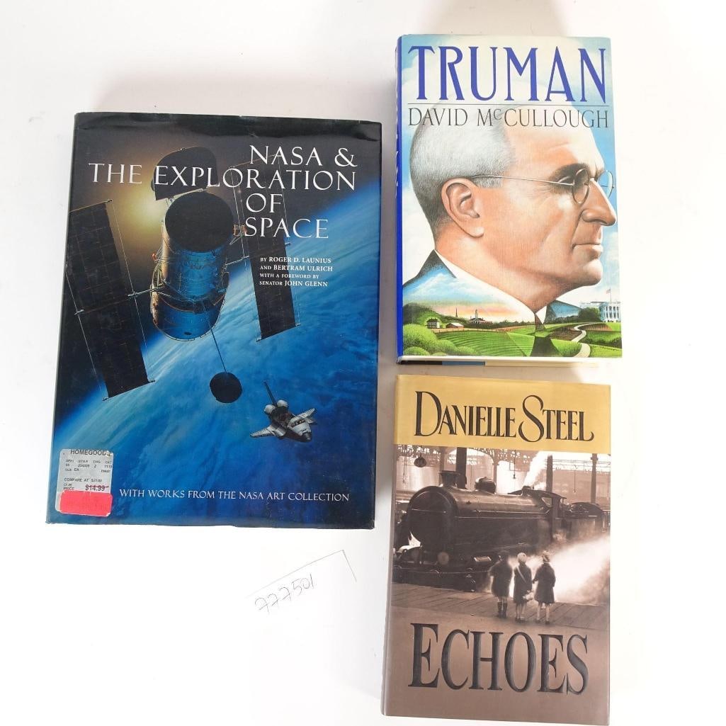 Lot of 3 Books: This auction lot includes three hardcover books, representing space exploration, American history, biography, and historical fiction. Condition: Good to very good vintage condition with light wear