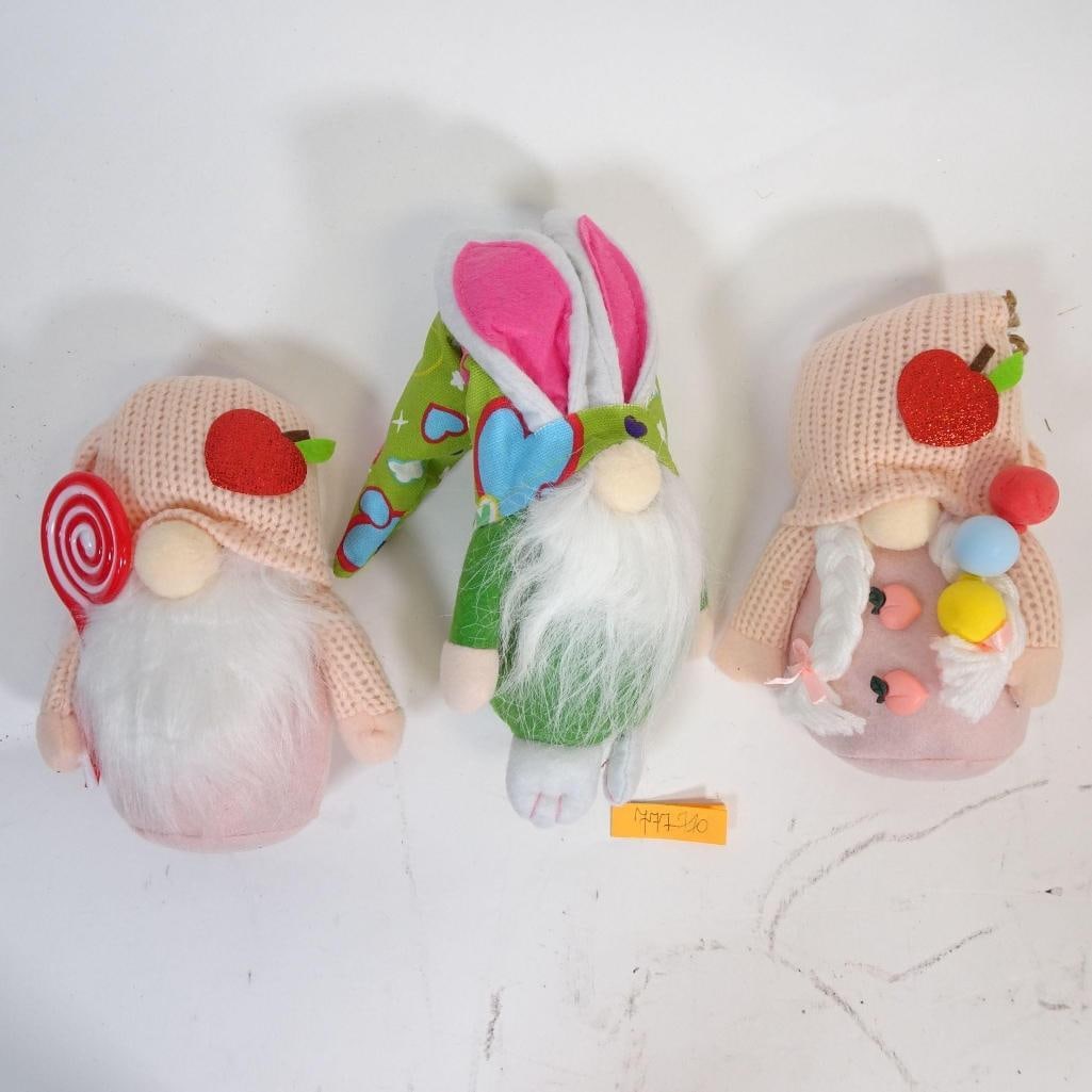 Set of 3 Decorative Spring: Adorable set of three decorative gnomes in soft pastel colors, perfect for spring and Easter décor. Each gnome features a unique design and accessories. Made of soft textile materials and