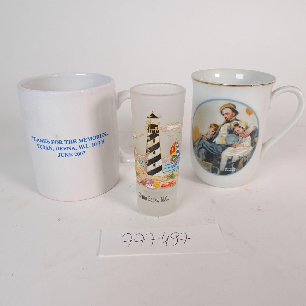 Set of 3 Vintage Souvenir Mugs & Glass: Set of three assorted vintage souvenir drinkware pieces including porcelain mugs and a souvenir glass.
