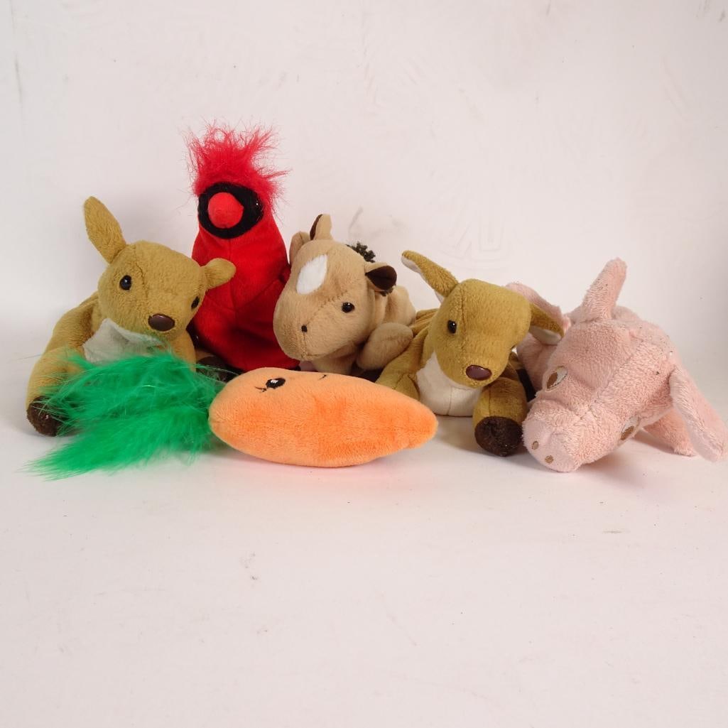 Mixed Plush Toy Lot: Cute mixed plush toy lot featuring six small stuffed animals and novelty plush pieces. This bundle includes a red cardinal bird, two deer/fawn plush toys, a small piglet, carrot plush, and additional