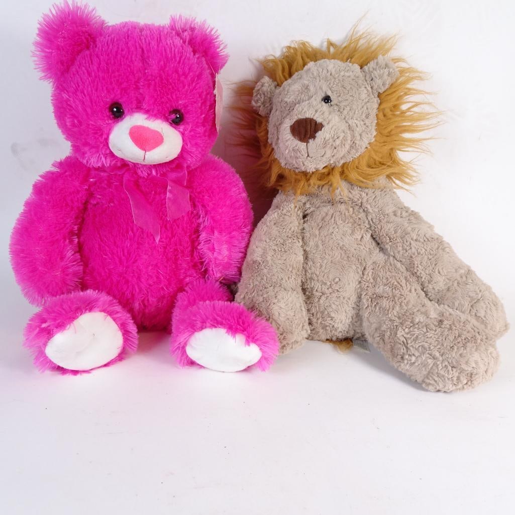 2_Plush Lot: A sweet pair of large, cuddly plush toys measuring approximately 18 inches each. The set includes a bright pink teddy bear with a ribbon and heart_shaped nose, plus a soft, floppy lion plush with a fl