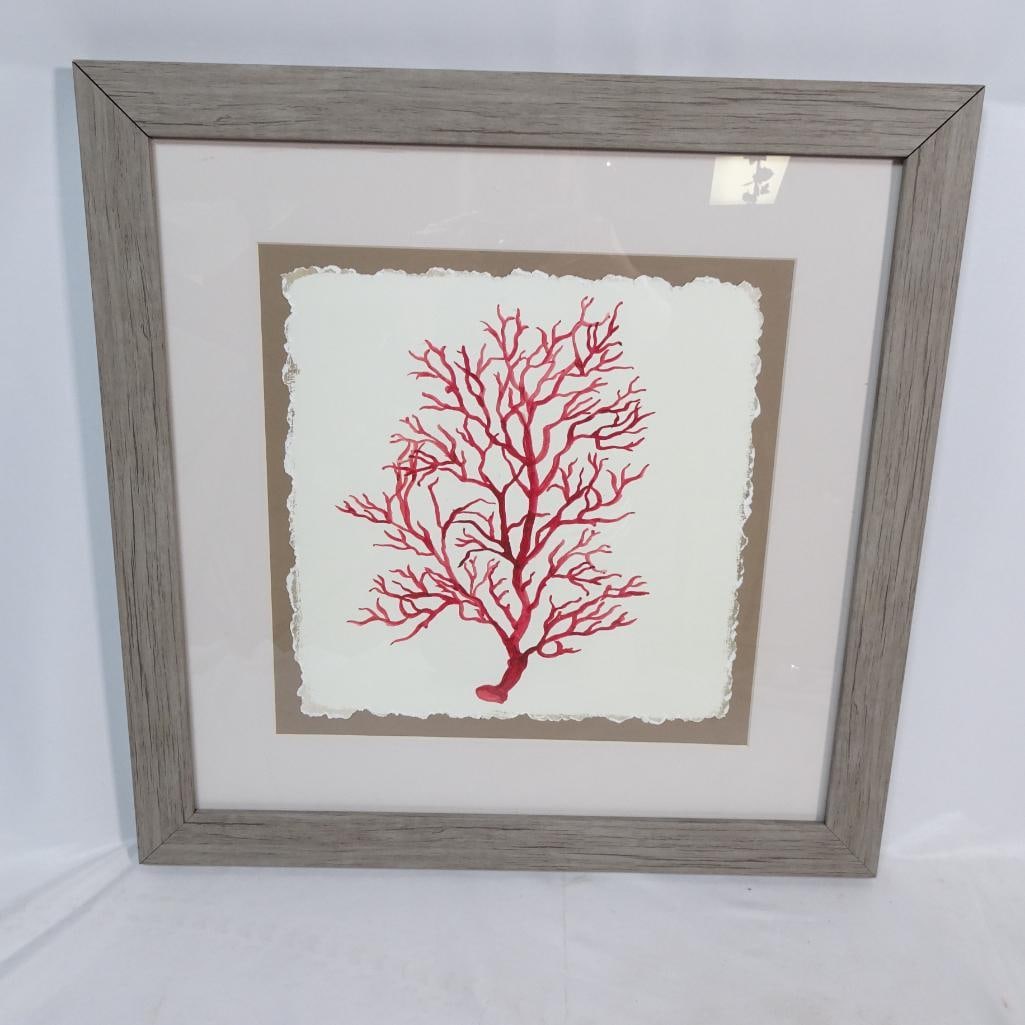 Framed Red Coral Coastal Wall Art Print: Beautiful framed coastal wall art print featuring a vibrant red coral illustration on textured deckled-edge style paper. The artwork is professionally matted with a neutral background and set in a