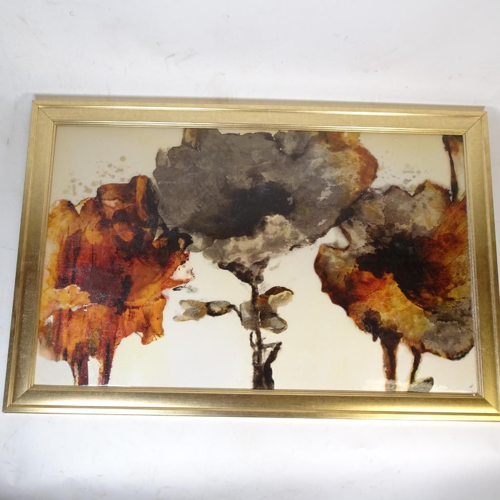 Abstract Floral Wall Art in Gold Frame: Beautiful abstract floral wall art featuring warm earthy tones of rust, gold, brown, and soft neutrals. This modern decorative piece comes in an elegant gold-tone frame, making it a stylish addition t