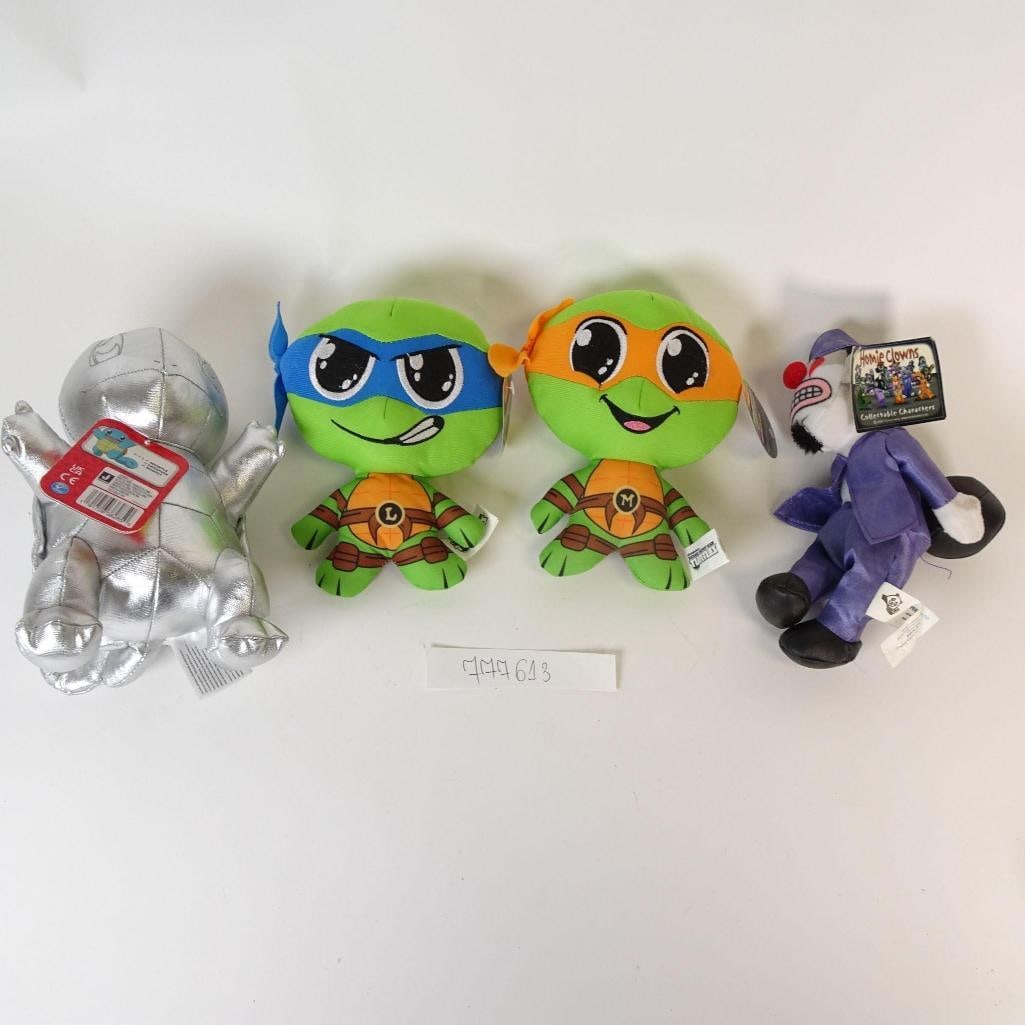 Plush Toy Lot (4): This fun mixed lot includes four plush toys, featuring popular Teenage Mutant Ninja Turtles characters along with unique novelty plush figures. Great for kids, TMNT fans, collectors, party décor, or