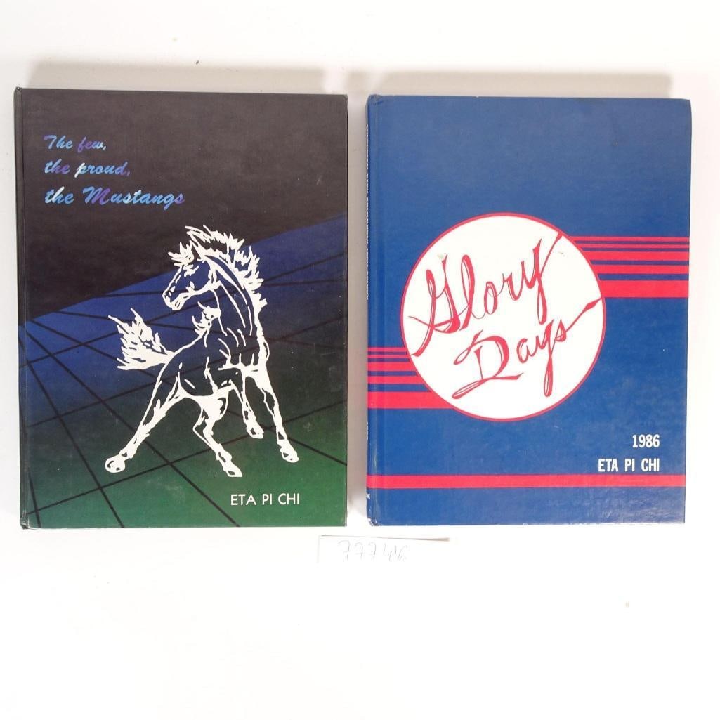 Vintage ETA PI CHI Yearbooks: One lot consisting of two original vintage yearbooks from the Eta Pi Chi student organization: The Few, the Proud, the Mustangs Glory Days - 1986 edition Hardcover volumes featuring bold, graphic desi