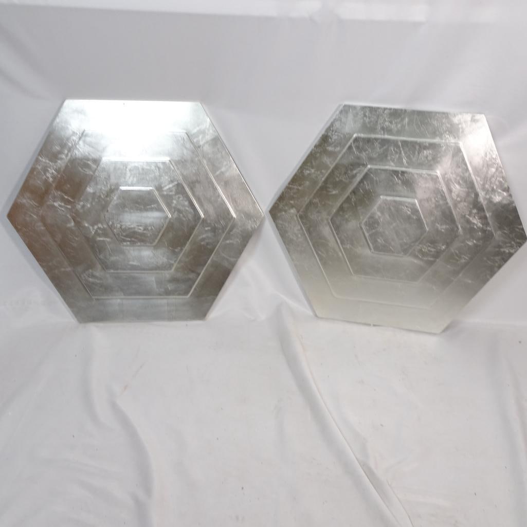 Set of 2 Hexagon Silver Wall Panels: Stylish set of two hexagon-shaped wall panels featuring a modern geometric layered design with a beautiful silver metallic finish. The dimensional hexagon pattern creates depth and texture, making the